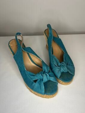 Talbots Pamela Bow Espadrille Wedge Sandals Teal Canvas Slingback Size 7